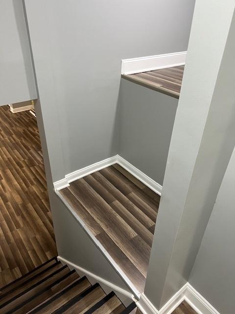 staircase with hardwood / wood-style flooring