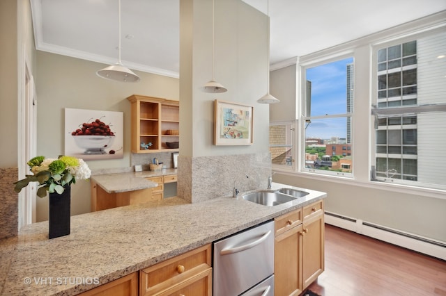 kitchen featuring sink, dishwasher, light stone countertops, light hardwood / wood-style floors, and baseboard heating