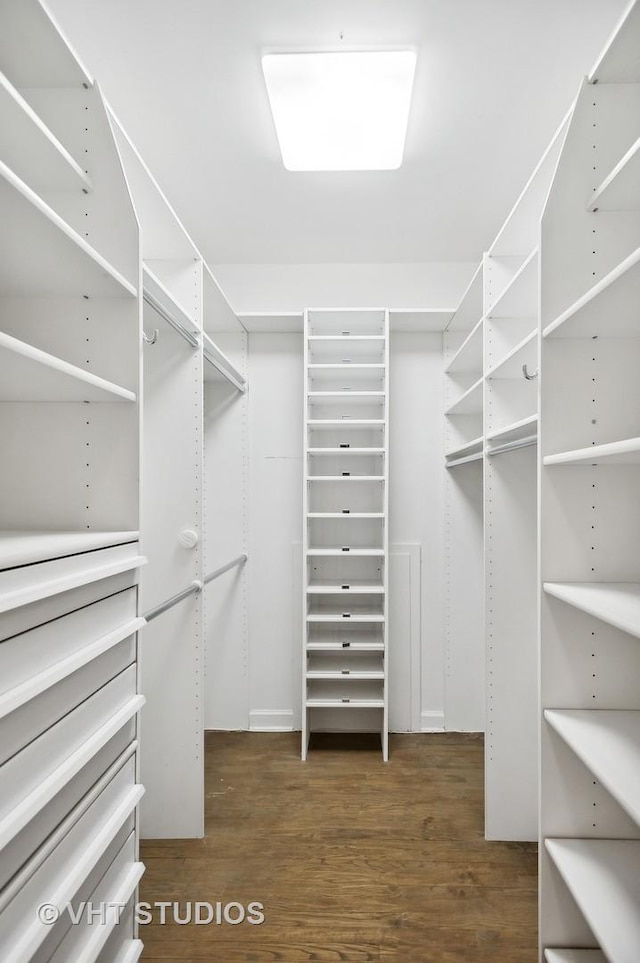 spacious closet with dark wood-style floors