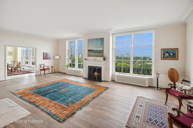 living area with a lit fireplace, radiator heating unit, crown molding, and wood finished floors