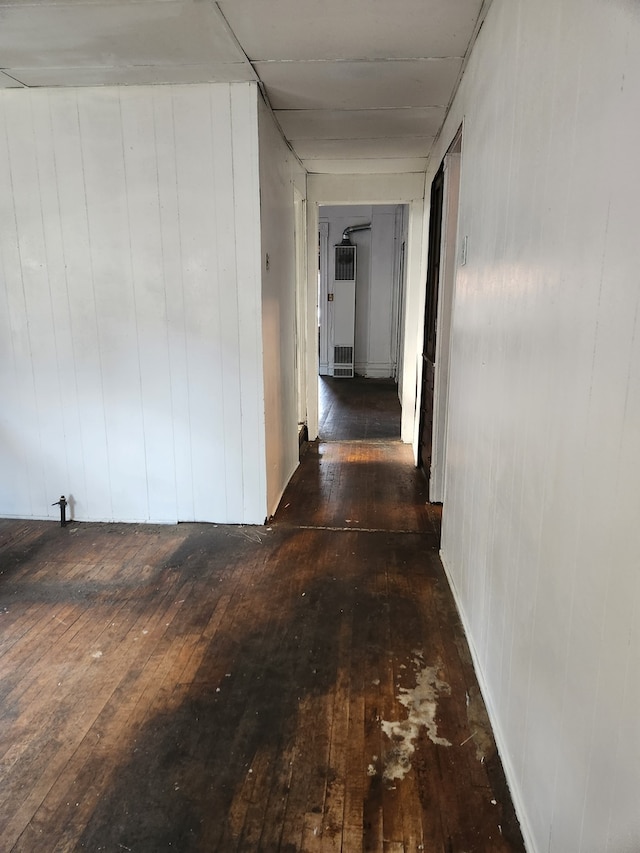 corridor featuring wooden walls and dark wood-type flooring