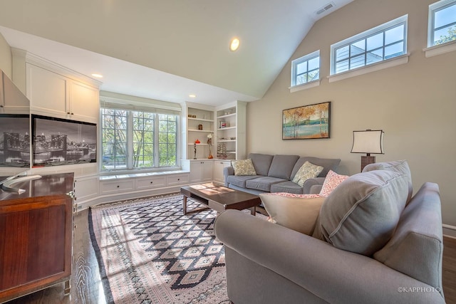 living room featuring high vaulted ceiling