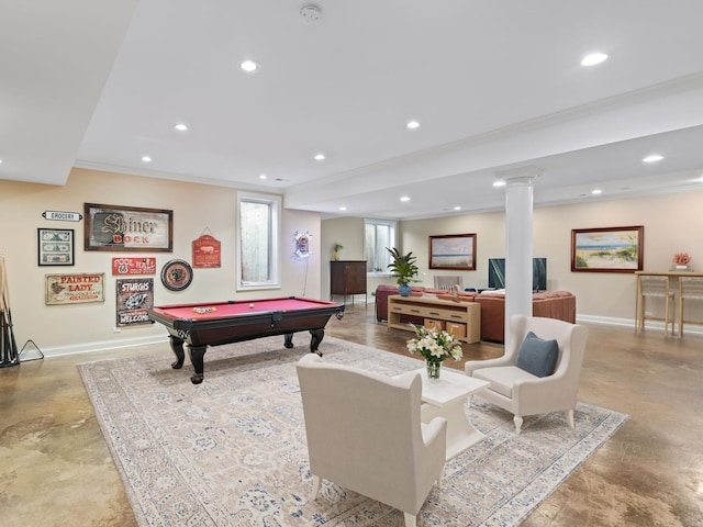 recreation room with finished concrete floors, baseboards, and recessed lighting