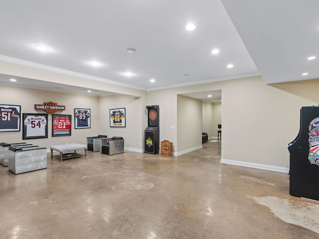 below grade area with ornamental molding, recessed lighting, and baseboards