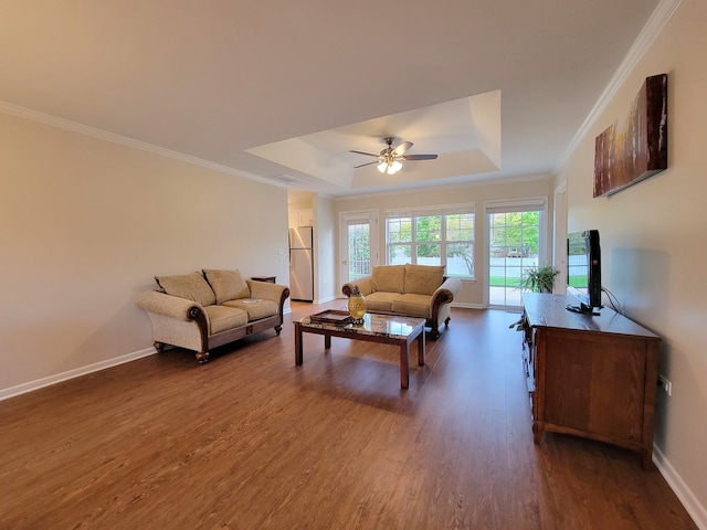 living room featuring ornamental molding, hardwood / wood-style floors, ceiling fan, and a raised ceiling