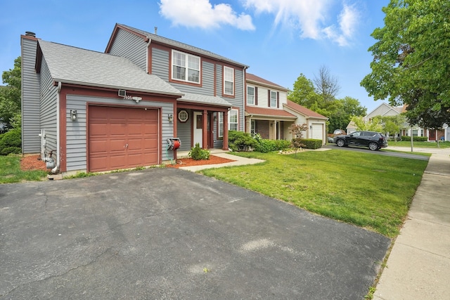 1406 Trescott St, Mundelein, IL 60060 - view of front of home with a front lawn, an attached garage, a chimney, a shingled roof, and driveway