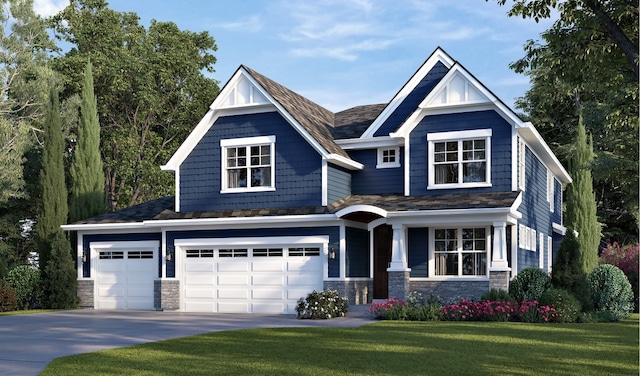 craftsman inspired home featuring a garage and a front lawn