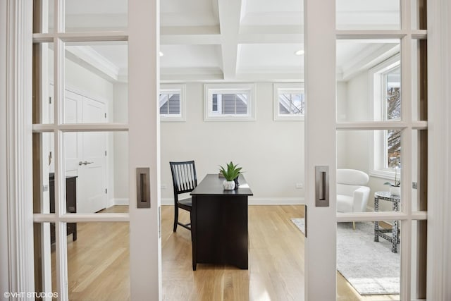 home office with french doors, light wood-type flooring, coffered ceiling, beamed ceiling, and baseboards