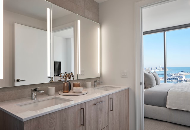 bathroom with a water view, a healthy amount of sunlight, and double sink vanity