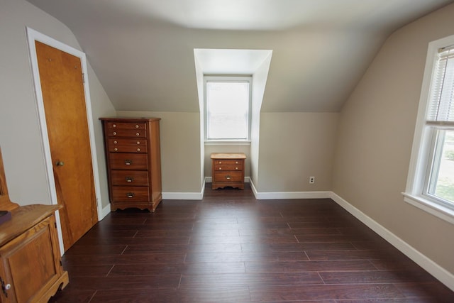 additional living space featuring lofted ceiling, dark hardwood / wood-style floors, and a healthy amount of sunlight