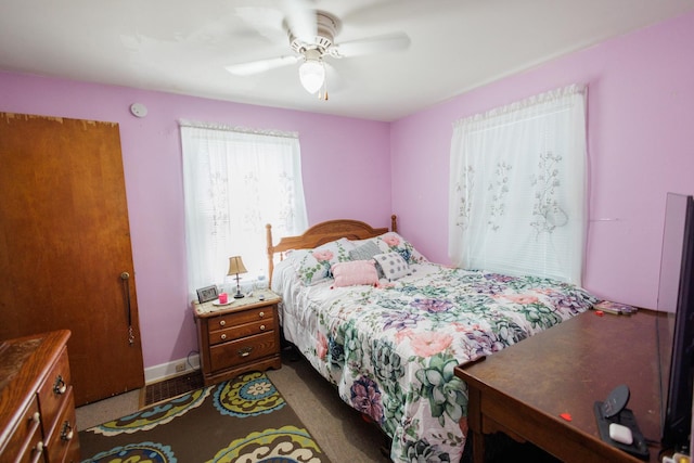 bedroom featuring carpet floors and ceiling fan