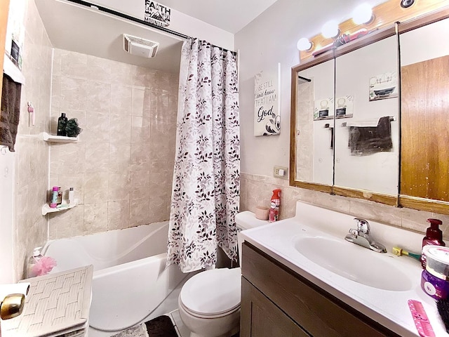 16404 Homan Ave, Markham, IL 60428 - full bathroom featuring visible vents, tile walls, toilet, shower / bathtub combination with curtain, and vanity