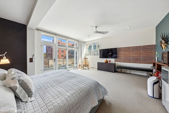 bedroom featuring carpet, access to outside, and ceiling fan