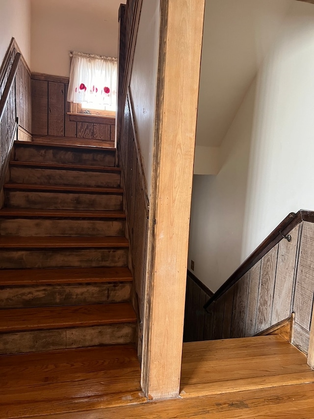 stairway with hardwood / wood-style flooring