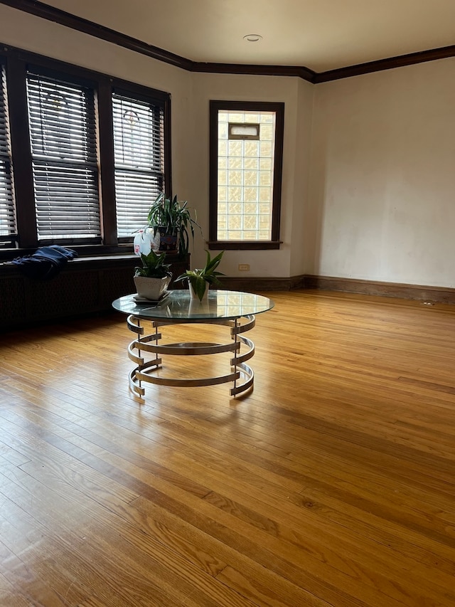 unfurnished living room featuring crown molding and light wood-type flooring