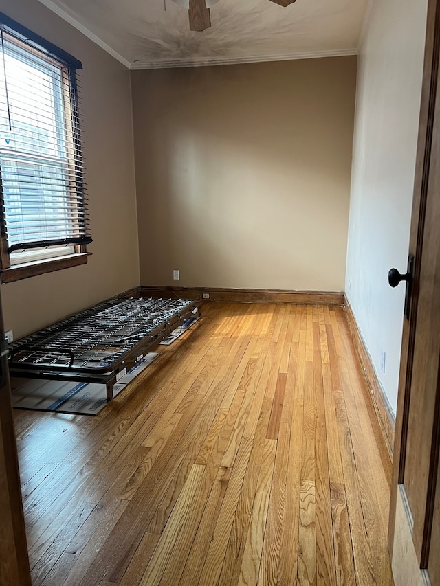 empty room with crown molding, light hardwood / wood-style flooring, and ceiling fan