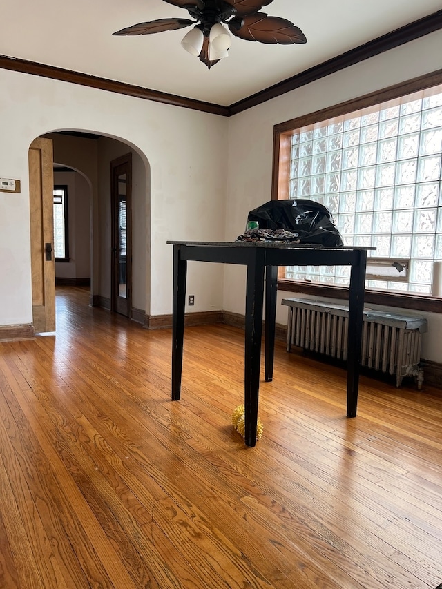 interior space with multiple windows, hardwood / wood-style floors, and radiator heating unit