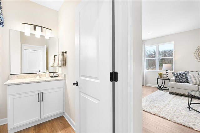 bathroom featuring baseboards, wood finished floors, and vanity