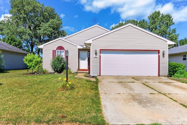 single story home featuring a front yard and a garage