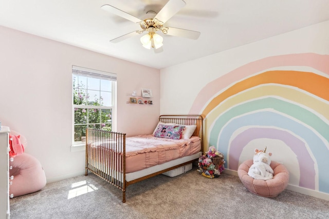 carpeted bedroom with ceiling fan