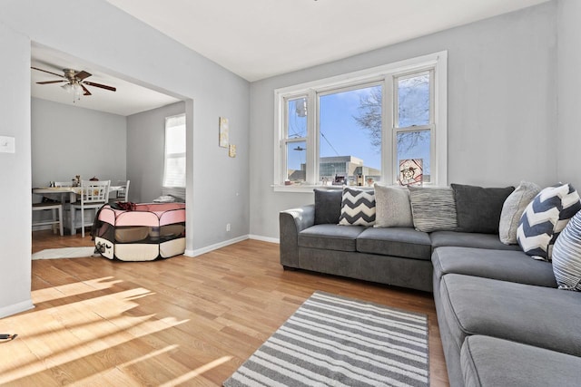 living room with ceiling fan and light hardwood / wood-style flooring