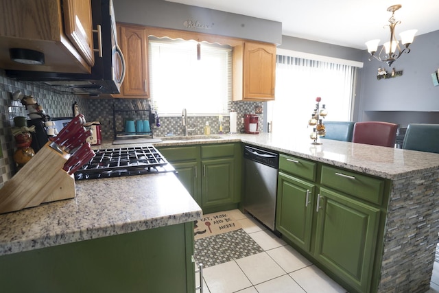 kitchen featuring green cabinets, sink, stainless steel dishwasher, decorative backsplash, and kitchen peninsula