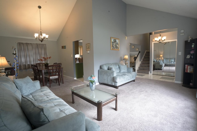 living room with light colored carpet, high vaulted ceiling, and a notable chandelier