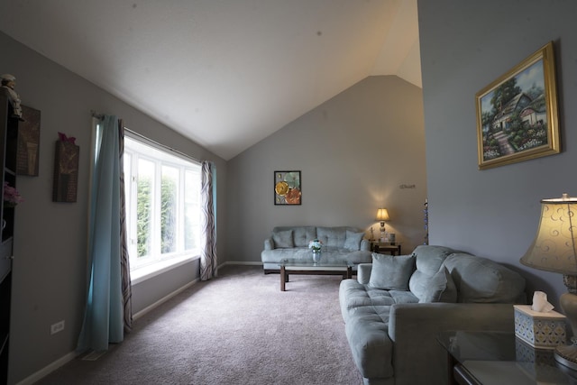 carpeted living room featuring lofted ceiling