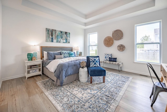 bedroom featuring multiple windows and a raised ceiling