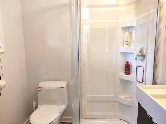 bathroom with toilet, a shower stall, and vanity