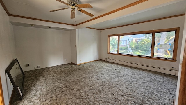 empty room featuring a baseboard radiator, ornamental molding, ceiling fan, and carpet flooring