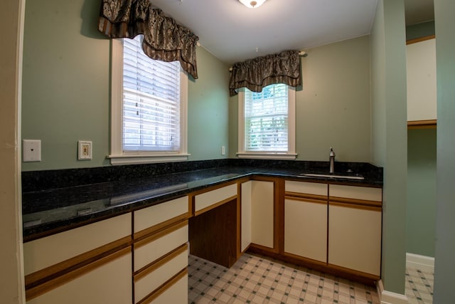 kitchen with white cabinetry, dark stone countertops, and sink