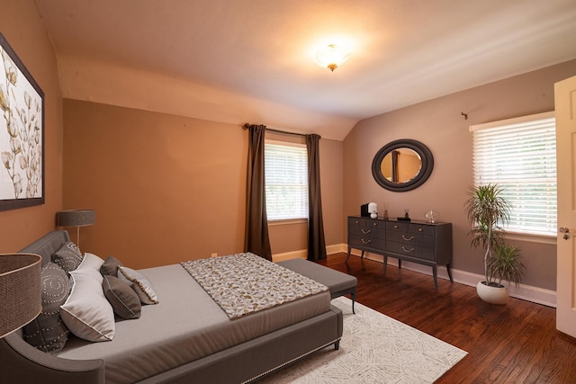 bedroom with vaulted ceiling, multiple windows, and dark wood-type flooring