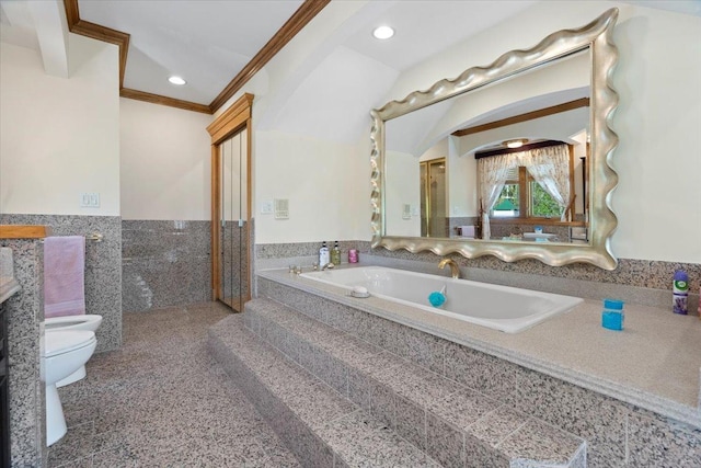 bathroom with wainscoting, toilet, crown molding, a bidet, and tile walls