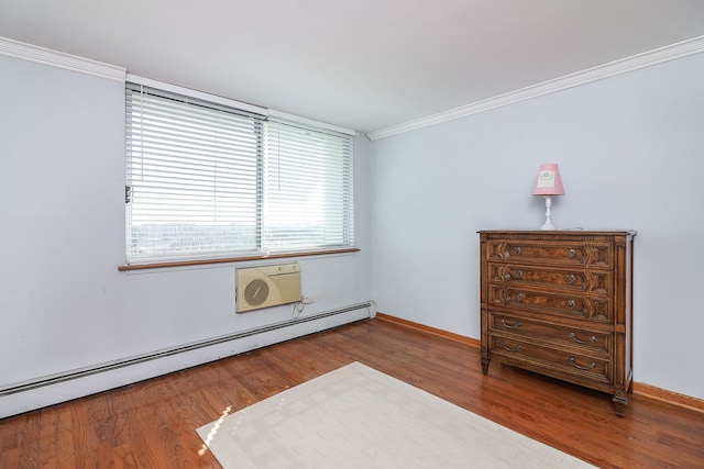 interior space featuring an AC wall unit, a baseboard heating unit, crown molding, and wood-type flooring