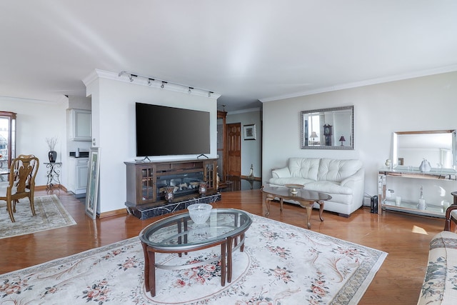 living room featuring ornamental molding and hardwood / wood-style floors