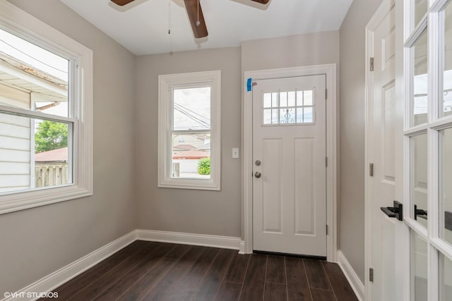 entrance foyer with ceiling fan and dark hardwood / wood-style flooring