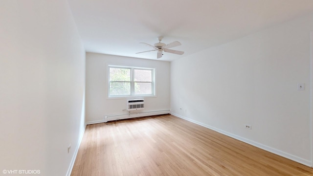 empty room with ceiling fan, baseboards, light wood-style floors, baseboard heating, and heating unit