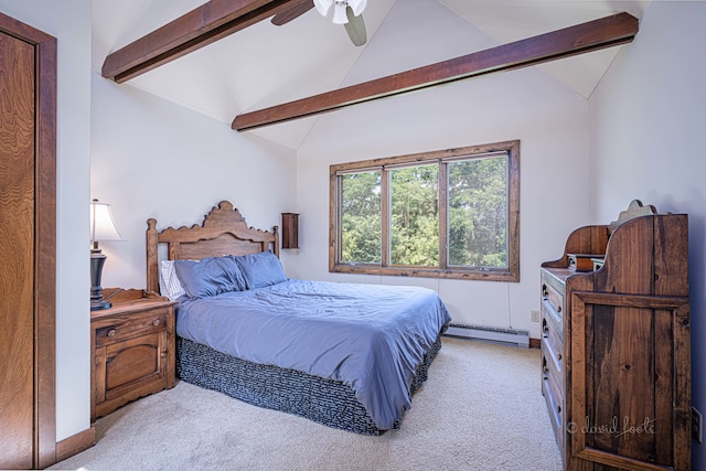 bedroom featuring lofted ceiling with beams, a baseboard heating unit, light colored carpet, and ceiling fan