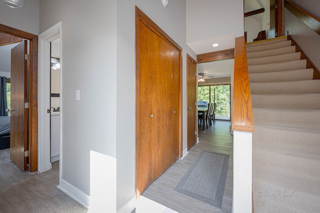 hallway featuring hardwood / wood-style floors and a high ceiling