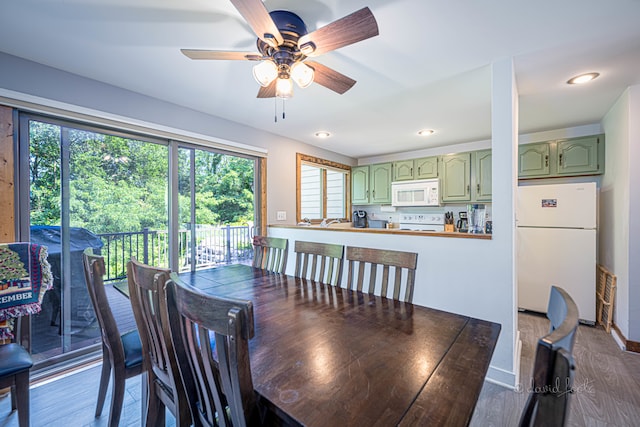 dining room featuring a healthy amount of sunlight, dark hardwood / wood-style flooring, and ceiling fan