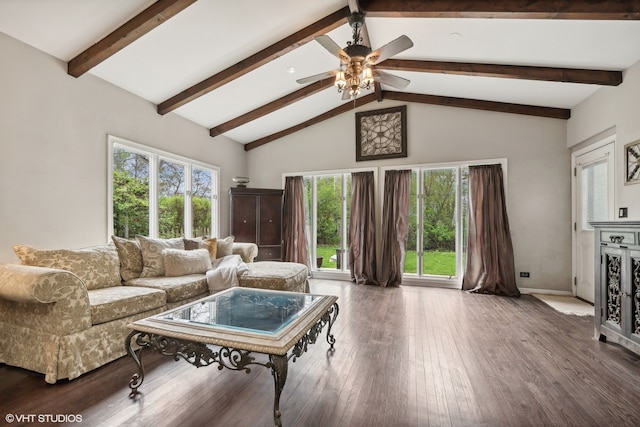 living room featuring high vaulted ceiling, ceiling fan, and wood-type flooring