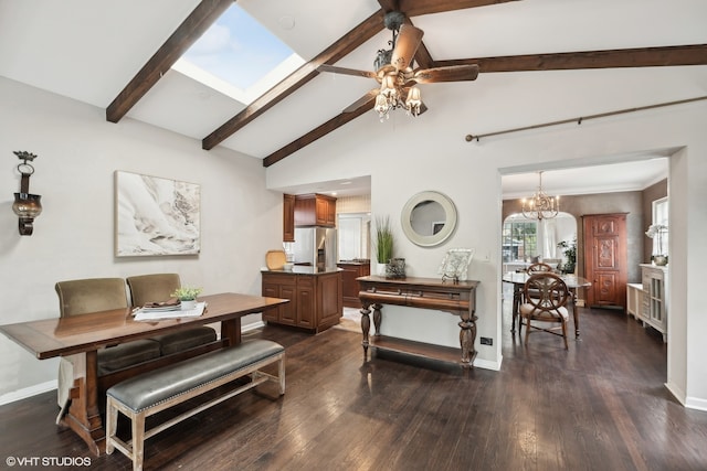 living room with beamed ceiling, dark hardwood / wood-style floors, ceiling fan with notable chandelier, and a skylight