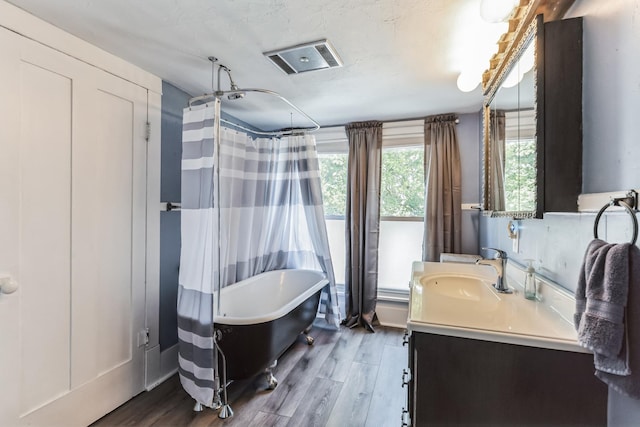 bathroom with vanity and hardwood / wood-style floors