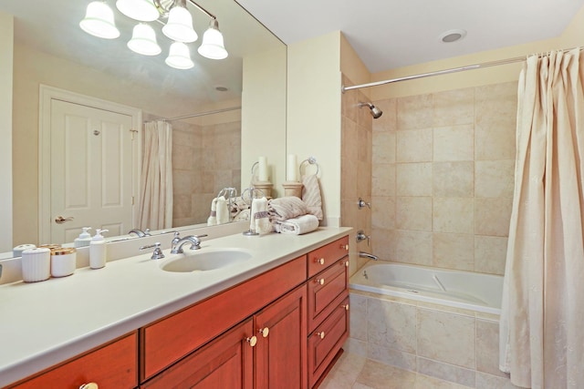 bathroom with vanity, shower / tub combo with curtain, and an inviting chandelier