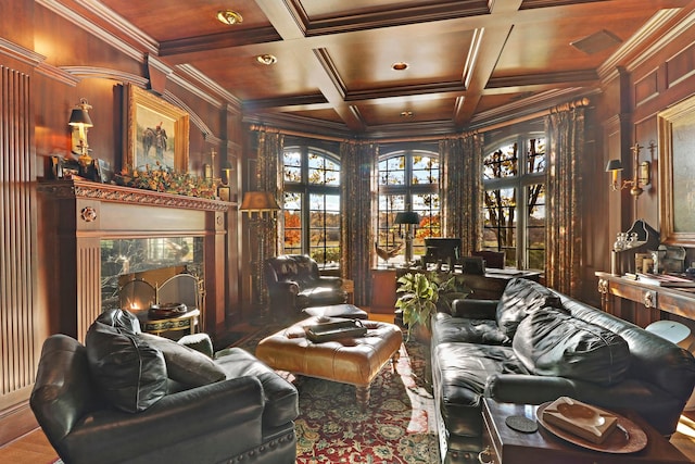 sitting room with beamed ceiling, crown molding, coffered ceiling, and wood ceiling