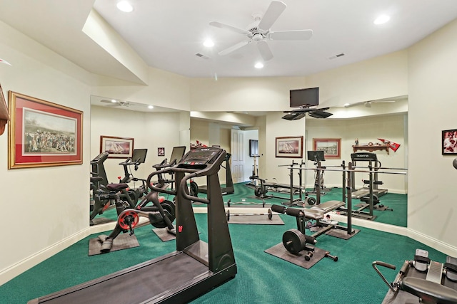 gym featuring ceiling fan and carpet