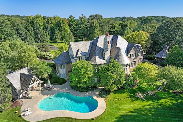 view of pool with a lawn and a patio