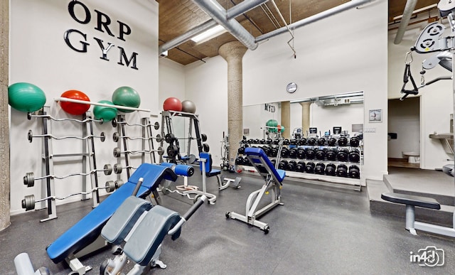 exercise room featuring a towering ceiling