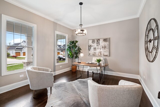 office with a chandelier, ornamental molding, and dark hardwood / wood-style floors